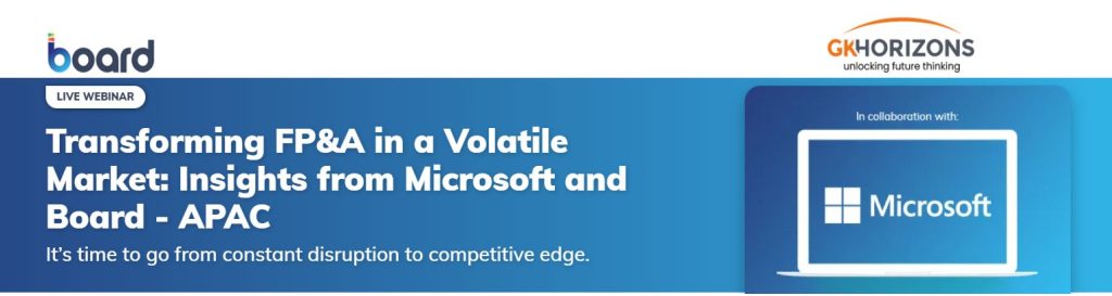 Banner directing to the lander page to register for the webinar on transforming FP&A in a volatile market: insights from Microsoft and Board International