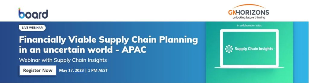 Banner directing to the registration page of financially viable and agile supply chain planning webinar by Board International